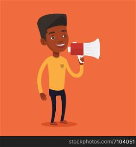 An african-american man holding megaphone. Man promoter speaking into a megaphone. Man advertising using megaphone. Social media marketing concept. Vector flat design illustration. Square layout. Young man speaking into megaphone.