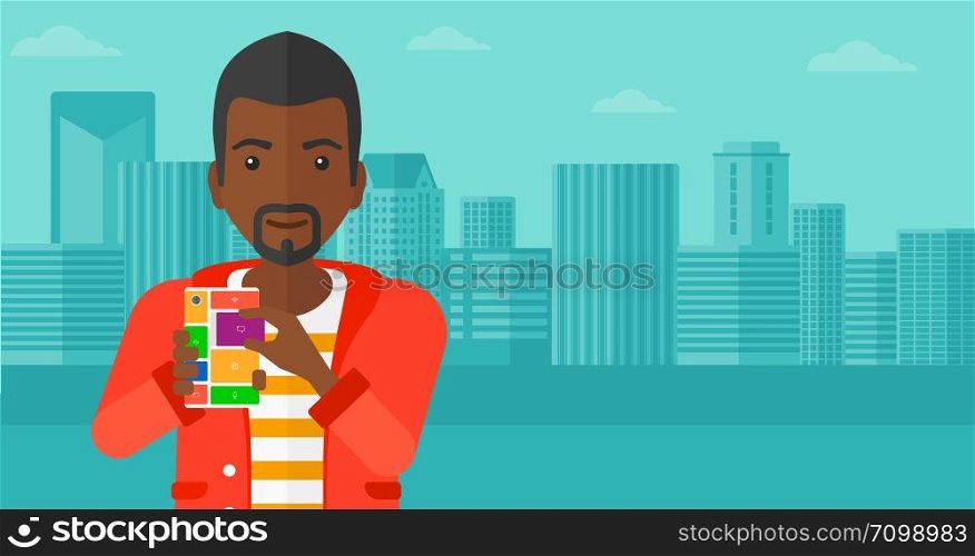 An african-american man holding modular phone on a city background vector flat design illustration. Horizontal layout.. Man with modular phone.