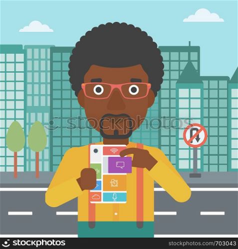 An african-american man holding modular phone. Young man with modular phone on a city background. Man using modular phone. Vector flat design illustration. Square layout.. Man with modular phone vector illustration.