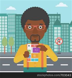 An african-american man holding modular phone. Young man with modular phone on a city background. Man using modular phone. Vector flat design illustration. Square layout.. Man with modular phone vector illustration.
