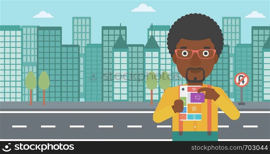 An african-american man holding modular phone. Young man with modular phone on a city background. Man using modular phone. Vector flat design illustration. Horizontal layout.. Man with modular phone vector illustration.