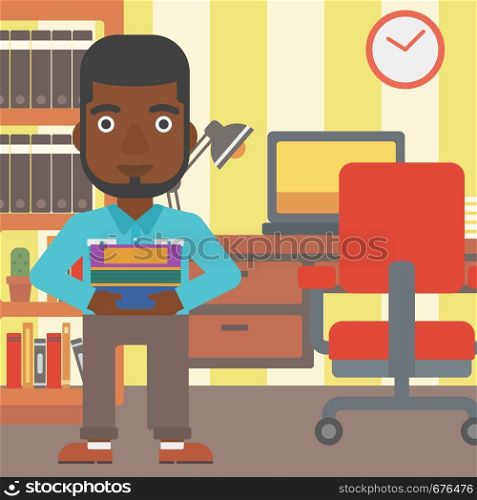 An african-american man holding pile of books on the background of room vector flat design illustration. Square layout.. Man holding pile of books.
