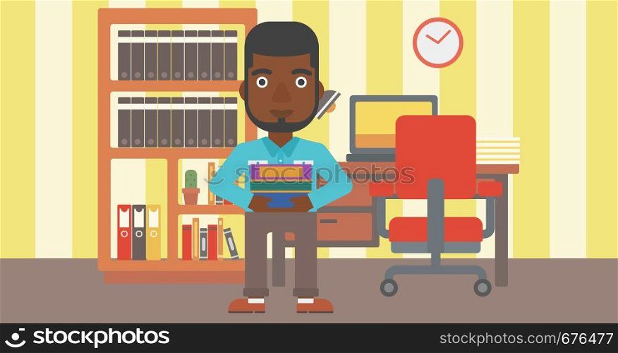 An african-american man holding pile of books on the background of room vector flat design illustration. Horizontal layout.. Man holding pile of books.