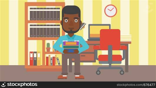 An african-american man holding pile of books on the background of room vector flat design illustration. Horizontal layout.. Man holding pile of books.