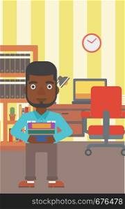 An african-american man holding pile of books on the background of room vector flat design illustration. Vertical layout.. Man holding pile of books.