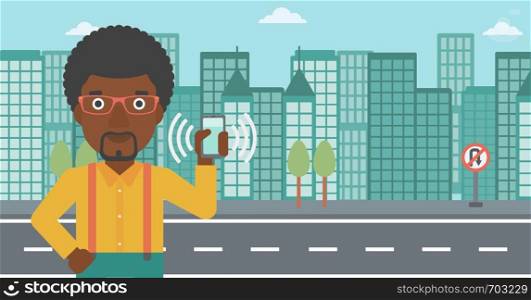 An african-american man holding ringing mobile phone on a city background. Man answering a phone call. Man with ringing phone in hand. Vector flat design illustration. Horizontal layout.. Man holding ringing telephone.