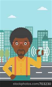 An african-american man holding ringing mobile phone on a city background. Man answering a phone call. Man with ringing phone in hand. Vector flat design illustration. Vertical layout.. Man holding ringing telephone.