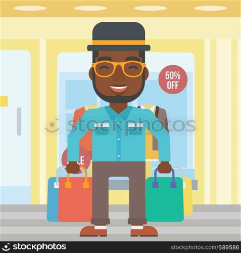 An african-american man holding shopping bags on the background of boutique window with dressed mannequins. Happy young man carrying shopping bags. Vector flat design illustration. Square layout.. Happy man with shopping bags vector illustration.