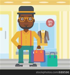 An african-american man holding shopping bags on the background of boutique window with dressed mannequins. Happy young man carrying shopping bags. Vector flat design illustration. Square layout.. Happy man with shopping bags vector illustration.