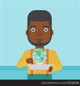 An african-american man holding tablet computer with model of planet earth above the device. International technology communication concept. Vector flat design illustration. Square layout.. International technology communication.