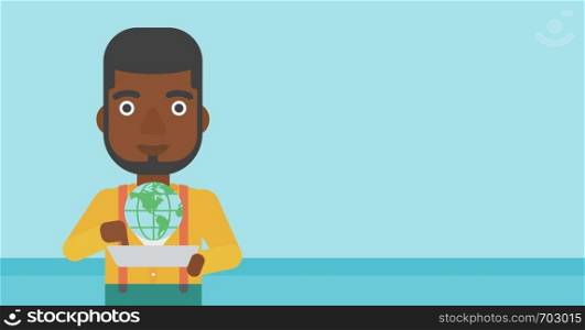 An african-american man holding tablet computer with model of planet earth above the device. International technology communication concept. Vector flat design illustration. Horizontal layout.. International technology communication.