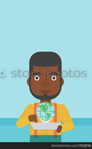 An african-american man holding tablet computer with model of planet earth above the device. International technology communication concept. Vector flat design illustration. Vertical layout.. International technology communication.