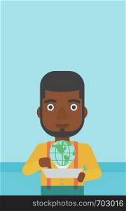 An african-american man holding tablet computer with model of planet earth above the device. International technology communication concept. Vector flat design illustration. Vertical layout.. International technology communication.