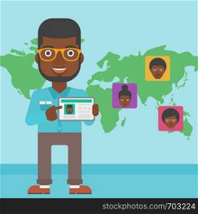 An african-american man holding tablet computer with social network user profile on a screen on the background of map with avatars of social network. Vector flat design illustration. Square layout.. Man holding tablet with social network.
