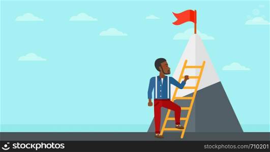 An african-american man holding the ladder to get the red flag on the top of mountain on the background of blue sky vector flat design illustration. Horizontal layout.. Man climbing on mountain.
