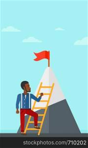An african-american man holding the ladder to get the red flag on the top of mountain on the background of blue sky vector flat design illustration. Vertical layout.. Man climbing on mountain.