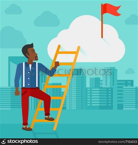 An african-american man holding the ladder to get the red flag on the top of the cloud on the background of modern city vector flat design illustration. Square layout.. Man climbing the ladder.