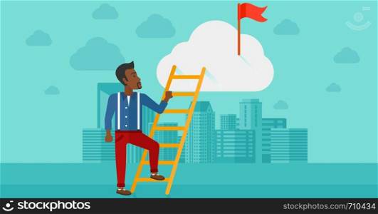 An african-american man holding the ladder to get the red flag on the top of the cloud on the background of modern city vector flat design illustration. Horizontal layout.. Man climbing the ladder.