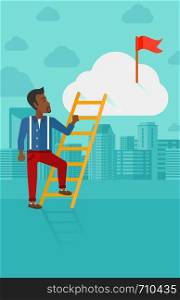 An african-american man holding the ladder to get the red flag on the top of the cloud on the background of modern city vector flat design illustration. Vertical layout.. Man climbing the ladder.