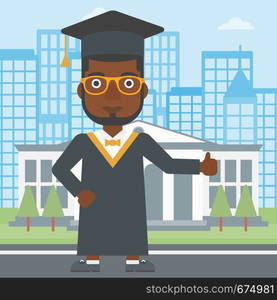 An african-american man in cloak and hat showing thumb up sign on the background of educational building vector flat design illustration. Square layout.. Graduate showing thumb up sign.