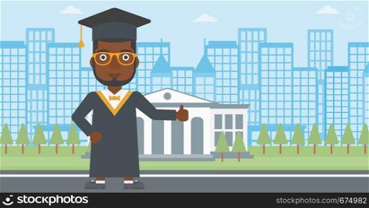 An african-american man in cloak and hat showing thumb up sign on the background of educational building vector flat design illustration. Horizontal layout.. Graduate showing thumb up sign.