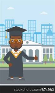 An african-american man in cloak and hat showing thumb up sign on the background of educational building vector flat design illustration. Vertical layout.. Graduate showing thumb up sign.