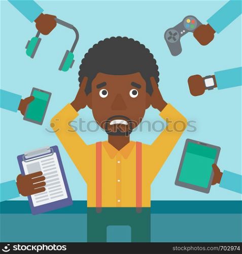 An african-american man in despair and many hands with gadgets around him. Young man surrounded with gadgets. Man using many electronic gadgets. Vector flat design illustration. Square layout.. Young man surrounded with his gadgets.