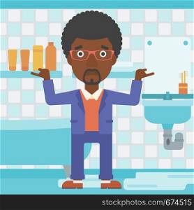 An african-american man in despair standing near leaking sink in the bathroom vector flat design illustration. Square layout.. Man in despair standing near leaking sink.
