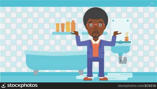 An african-american man in despair standing near leaking sink in the bathroom vector flat design illustration. Horizontal layout.. Man in despair standing near leaking sink.