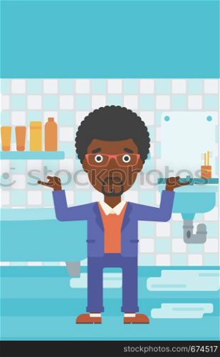 An african-american man in despair standing near leaking sink in the bathroom vector flat design illustration. Vertical layout.. Man in despair standing near leaking sink.