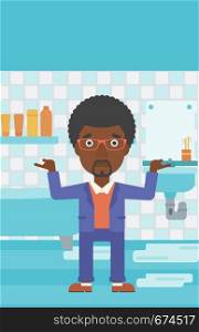 An african-american man in despair standing near leaking sink in the bathroom vector flat design illustration. Vertical layout.. Man in despair standing near leaking sink.