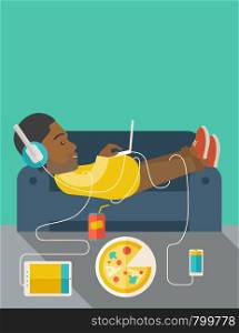 An african-american man in glasses and headphones lying on a sofa with electronic devices and fast food vector flat design illustration. Vertical layout with a text space.. Man lying on sofa.