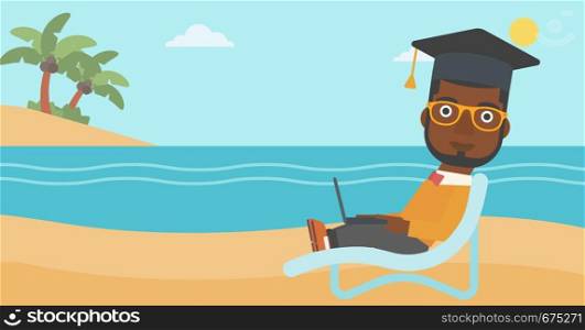An african-american man in graduation cap lying in chaise long with laptop on the beach vector flat design illustration. Horizontal layout.. Graduate lying on chaise lounge with laptop.