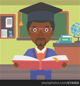 An african-american man in graduation cap with an open book in hands on the background of classroom vector flat design illustration. Square layout.. Man in graduation cap holding book.
