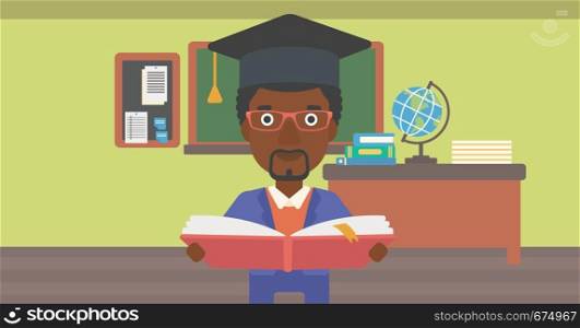 An african-american man in graduation cap with an open book in hands on the background of classroom vector flat design illustration. Horizontal layout.. Man in graduation cap holding book.