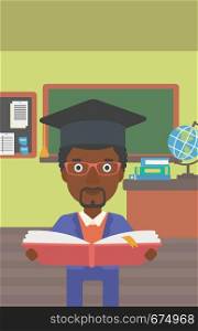 An african-american man in graduation cap with an open book in hands on the background of classroom vector flat design illustration. Vertical layout.. Man in graduation cap holding book.
