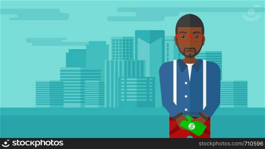 An african-american man in handcuffs with money in hands on the background of modern city vector flat design illustration. Horizontal layout.. Man handcuffed for crime.
