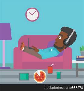 An african-american man in headphones lying on a sofa in living room with electronic devices and fast food vector flat design illustration. Square layout.. Man lying on sofa with many gadgets.