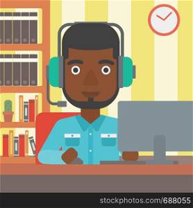 An african-american man in headphones sitting in front of computer monitor with mouse in hand on the background of living room vector flat design illustration. Square layout.. Man playing video game.