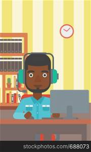 An african-american man in headphones sitting in front of computer monitor with mouse in hand on the background of living room vector flat design illustration. Vertical layout.. Man playing video game.