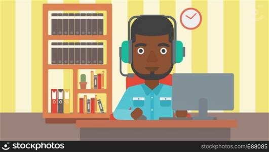 An african-american man in headphones sitting in front of computer monitor with mouse in hand on the background of living room vector flat design illustration. Horizontal layout.. Man playing video game.