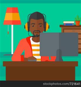An african-american man in headphones sitting in front of computer monitor with mouse in hand on living room background vector flat design illustration. Square layout.. Man playing video game.