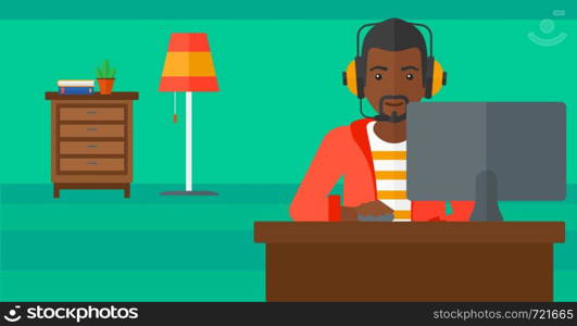 An african-american man in headphones sitting in front of computer monitor with mouse in hand on living room background vector flat design illustration. Horizontal layout.. Man playing video game.
