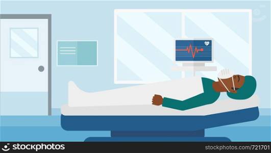 An african-american man in oxygen mask lying in hospital ward with heart rate monitor vector flat design illustration. Horizontal layout.. Patient lying in hospital bed with heart monitor.