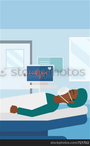 An african-american man in oxygen mask lying in hospital ward with heart rate monitor vector flat design illustration. Vertical layout.. Patient lying in hospital bed with heart monitor.