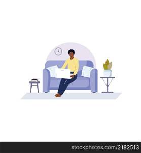 An African-American man is sitting on a sofa and working on a computer. A black man works at home on a laptop. The concept of remote work, online learning, communication via the Internet. Vector flat illustration.