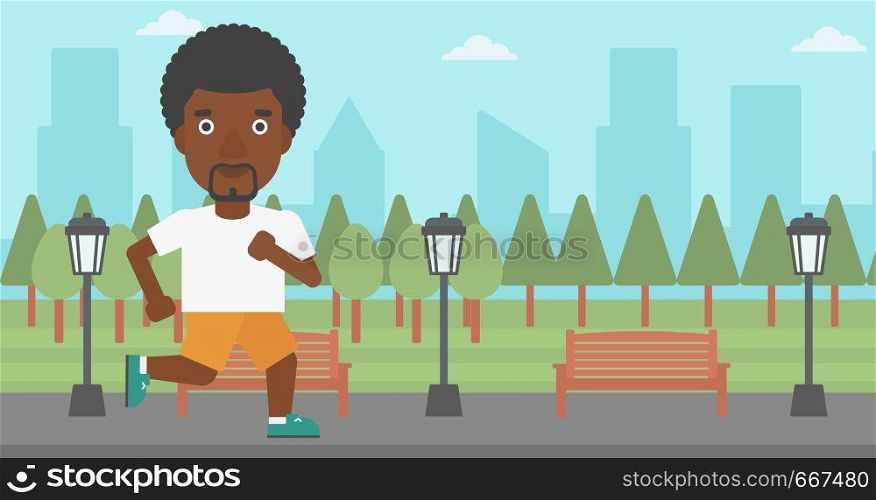 An african-american man jogging in the park vector flat design illustration. Horizontal layout.. Sportive man jogging.