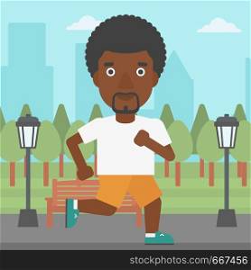 An african-american man jogging in the park vector flat design illustration. Square layout.. Sportive man jogging.