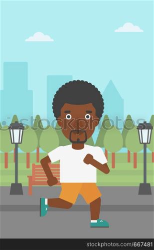 An african-american man jogging in the park vector flat design illustration. Vertical layout.. Sportive man jogging.