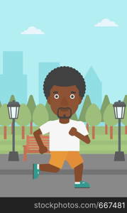 An african-american man jogging in the park vector flat design illustration. Vertical layout.. Sportive man jogging.